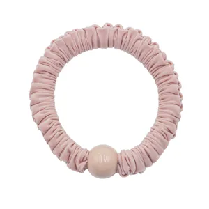 Pink ruffled hair scrunchie with cute round bead elegant elastic hair tie daily styling accessory