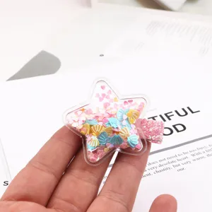 Stern Treibsand Haarnadel Detailansicht, bunte Pailletten innen, schönes Kinder Haarspange.