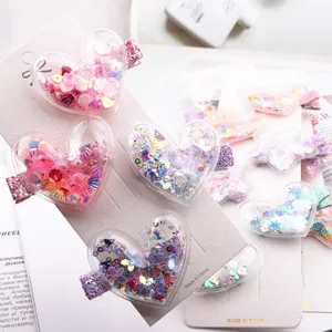 Süße Kinder Herz Glitzer Haarklammern Set, transparente Entenschnabel Clip Details.