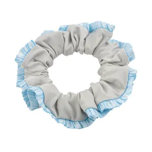 Grey satin hair scrunchie with blue ruffled edge, cute elastic hair band for women ponytails.