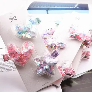 Kinder Flüssig-Treiber Haarklammern Set, süßes Stern- und Herz-Design mit Glitzer-Pailletten.