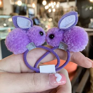 Cute purple plush bunny hair ties for kids, soft fluffy rabbit hair scrunchies, sweet elastic ropes.