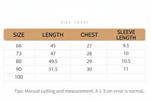 Infant baby romper size chart detail showing length chest and sleeve measurements for sizes.