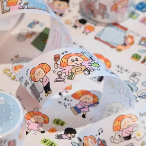 Close-up detail of cute cartoon housework theme washi tape with cleaning illustrations.