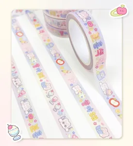 Cute washi tape strip border material with cream rabbit and cat design for journal scrapbooking.