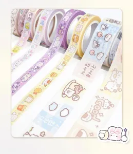 Cute washi tape set with cream bunny and cat patterns for journaling and diary decoration.