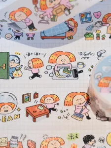 Cute housework theme washi tape detail shot showing creative cartoon planner decorative stickers.