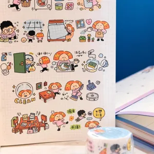 Detailed view of cute household chores themed washi tape and sticker sheet for journaling decoration.