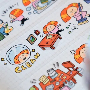 Cute housework themed washi tape detail showing daily cleaning cartoon illustrations for journal.