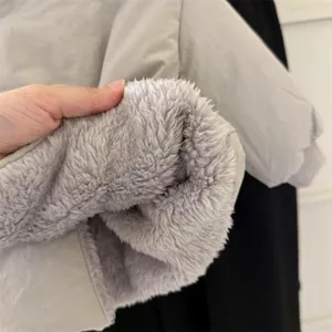 Thickened fleece-lined kids winter coat detail, warm grey furry interior design view.