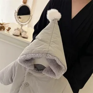 Toddler winter hooded cotton coat cute gray warm padded jacket with pompom for girls