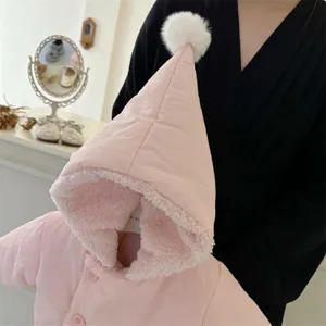 Cute toddler girls winter fleece hooded padded jacket with white pom-pom warm outerwear.