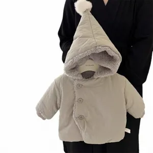 Toddler girls winter thick fleece lined hooded padded jacket with cute pompom front showcase.