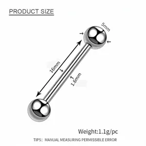 Edelstahl Barbell Piercing Schmuck Größentabelle mit 16mm Länge und 1.6mm Stiftdicke.