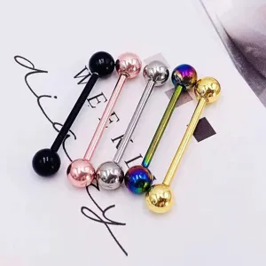 Detailansicht von bunten Edelstahl Langhantel Piercing Schmuckstuecken mit runden Kugelenden.