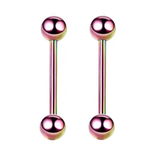 Edelstahl Langhantel Piercing Schmuck, bunte Beschichtung Zunge und Ohrstecker Detail Nahaufnahme