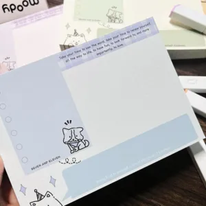 Cute cartoon dog memo pad detail view, single-sided print, 120g paper for daily notes.