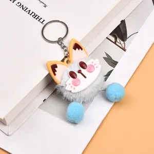 Cute fluffy plush keychain detail, lovely animal design with soft pompom charms and metal ring.