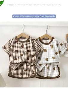 Kids summer short sleeve shorts pajama set breathable plaid cartoon cute toddler sleepwear