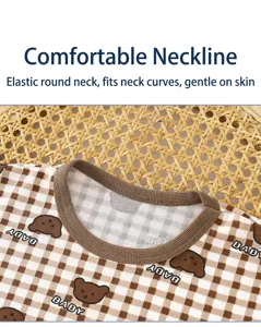 Kids summer short sleeve pajama top detail view with brown plaid and cute bear print design