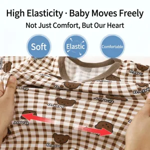 Kids summer short sleeve plaid cartoon pajama set soft and elastic comfortable loungewear