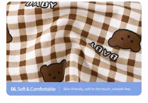Children's summer plaid pajama fabric detail with cute bear embroidery and soft breathable cotton.