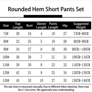 Size chart details for children short sleeve sleepwear set, fits height 73 to 130cm.