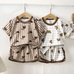 Kids Casual Acetate Fiber Plaid Pajamas Set Cartoon Bear Print Short Sleeve Top And Bottom Loungewear Home Wear For Children Summer