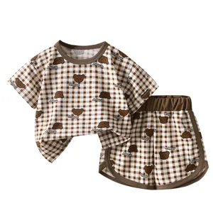 Kids summer short sleeve shorts pajamas set cute cartoon bear brown plaid casual home wear
