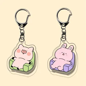 Cute acrylic cartoon animal keychain with metal ring, clear double-sided cute pendant.
