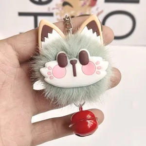 Soffici portachiavi in peluche verde con grazioso viso di volpe e campanello rosso per borse.