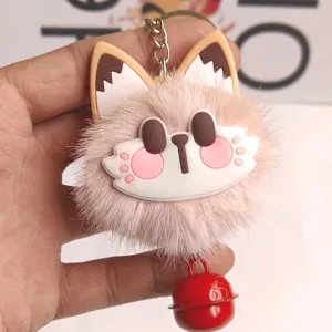 Portachiavi in peluche volpe con ponpon di pelliccia, viso in silicone e campanella rossa.