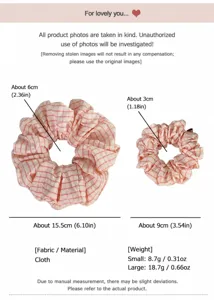 Detailed view of Korean sweet plaid fabric hair scrunchies set in two sizes with dimensions.