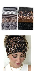 Wide elastic rhinestone headband set featuring stylish leopard and snake prints for daily wear.