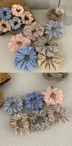 Korean style plaid fabric hair scrunchies set, cute vintage ponytail hair ties detail view.