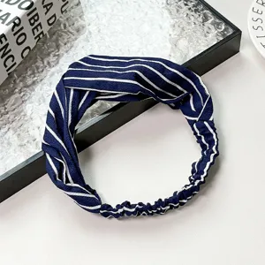 Bandeau croisé rayé bleu marine et blanc style coréen, serre-tête élastique large élégant.
