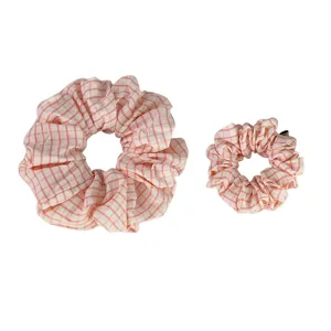 Korean style pink plaid fabric hair scrunchies set, large and small ponytail holders.
