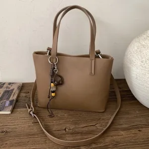 Womens Fashion Commuter Tote Bag PU Leather Casual Top Handle Shoulder Crossbody Bag With Pendant