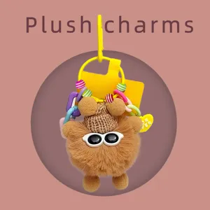 Porte-cles peluche duveteux charmant monstre mignon avec bonnet tricot et lunettes de soleil