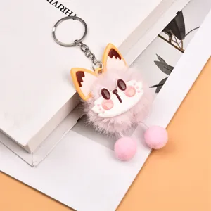 Cute pink plush fox keychain fluffy pom pom bag charm aesthetic accessory for keys backpacks.