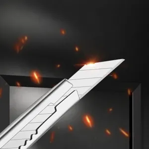 Stainless steel utility knife with automatic blade rebound, sharp industrial cutting tool.