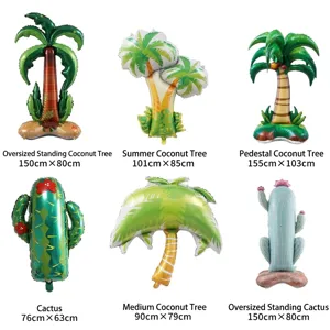 Inflatable coconut tree and cactus foil balloons for summer tropical party decoration.
