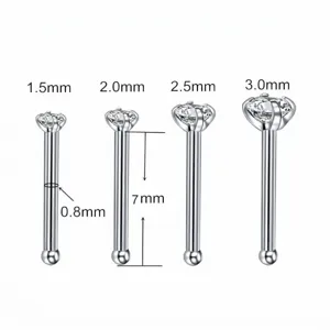 Size detail chart of 0.8mm straight nose stud with 1.5mm to 3.0mm cubic zirconia stones.