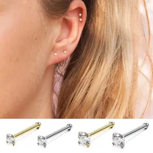 Close-up detail of 316L stainless steel straight piercing stud with clear sparkling zircon.