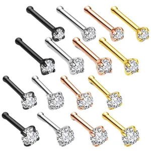 Stainless Steel Cubic Zirconia Nose Studs Straight Bone Body Piercing Jewelry Set