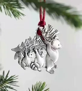 Vintage silver metal Christmas tree hanging ornament featuring cute forest animals design.