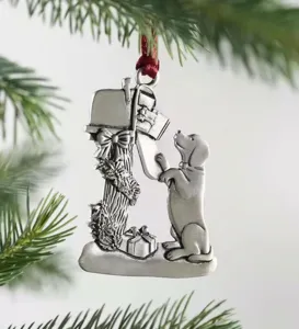 Vintage silver pewter Christmas tree ornament featuring a cute dog, mailbox and holiday gifts.