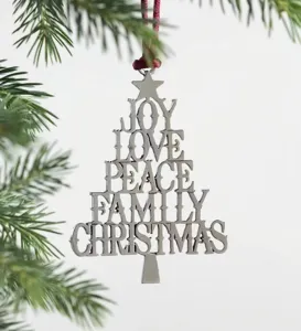 Silver metal Christmas tree hanging ornament with cutout festive text for holiday tree decor.
