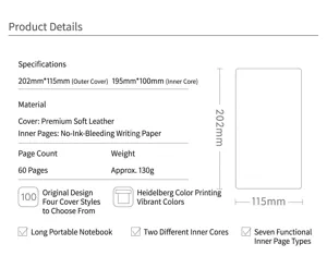 Compact portable leather notebook specification details chart with inner core dimensions and specs.