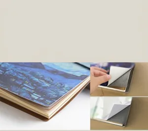 Detailed view of the portable notebook with durable leather cover and secure elastic band.